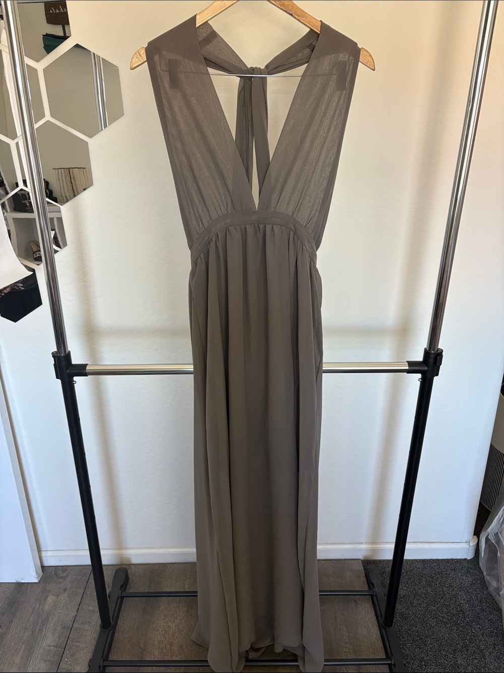 Taupe Sleeveless Maxi Dress with V-Neck and Back Tie